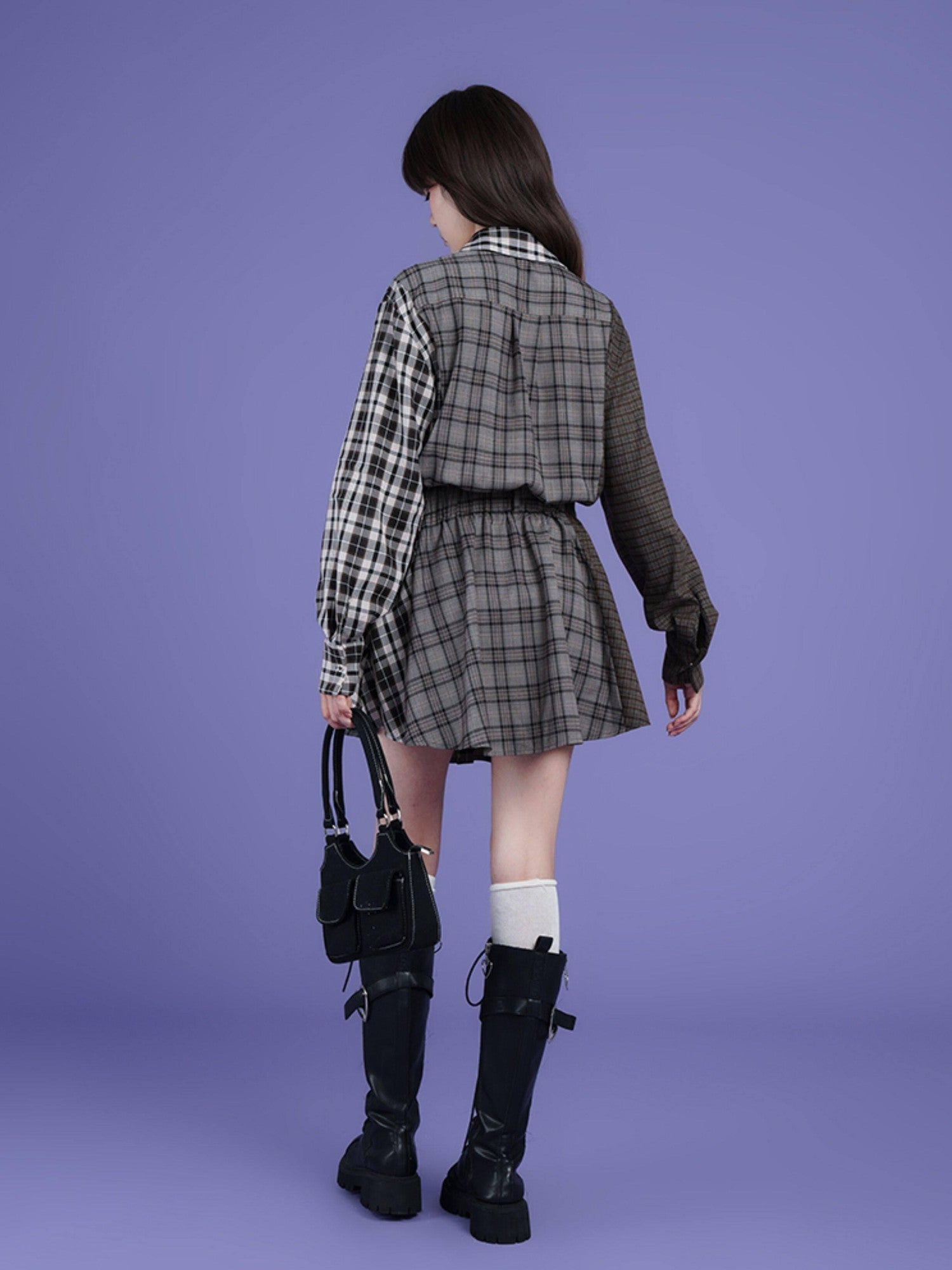 SagiDolls Plaid Patchwork Layered Aline Shirt Women's Polyester Casual Mini Dresses
