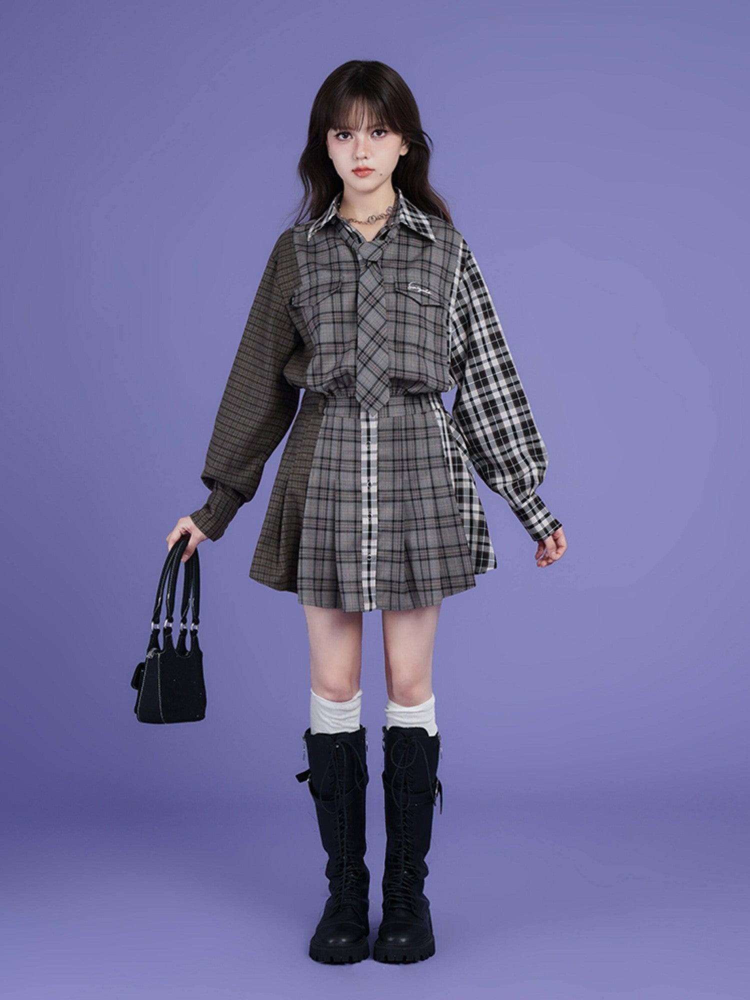 SagiDolls Plaid Patchwork Layered Aline Shirt Women's Polyester Casual Mini Dresses