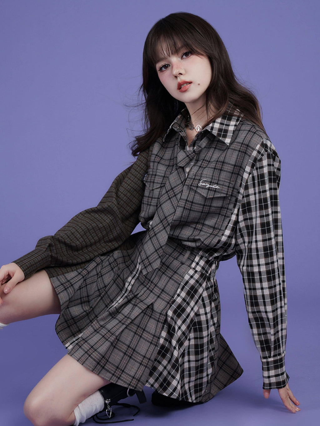 SagiDolls Plaid Patchwork Layered Aline Shirt Women's Polyester Casual Mini Dresses