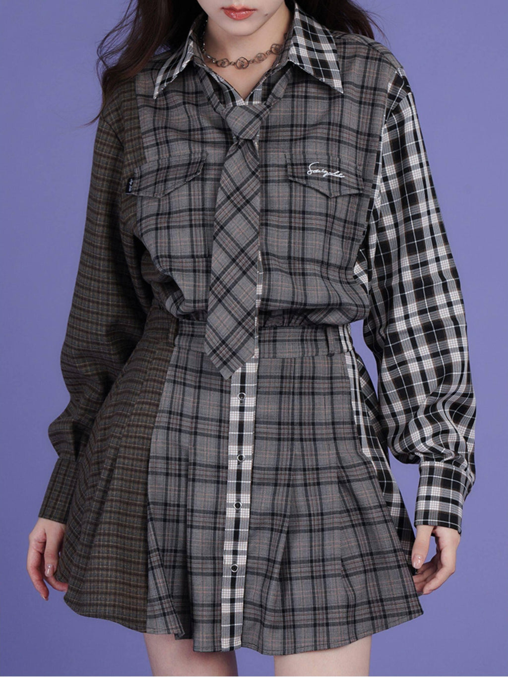 SagiDolls Plaid Patchwork Layered Aline Shirt Women's Polyester Casual Mini Dresses