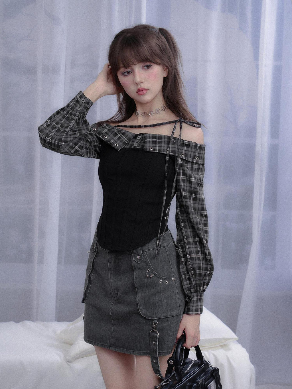 SagiDolls Plaid Patchwork Tie Strap Bardot Women's Polyester Blend Off-shoulder Blouses