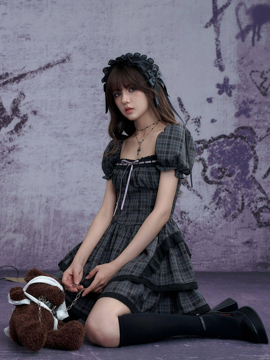 SagiDolls Plaid Puff Sleeve Square Neck High Waist Women's Polyester Corset Mini Dresses