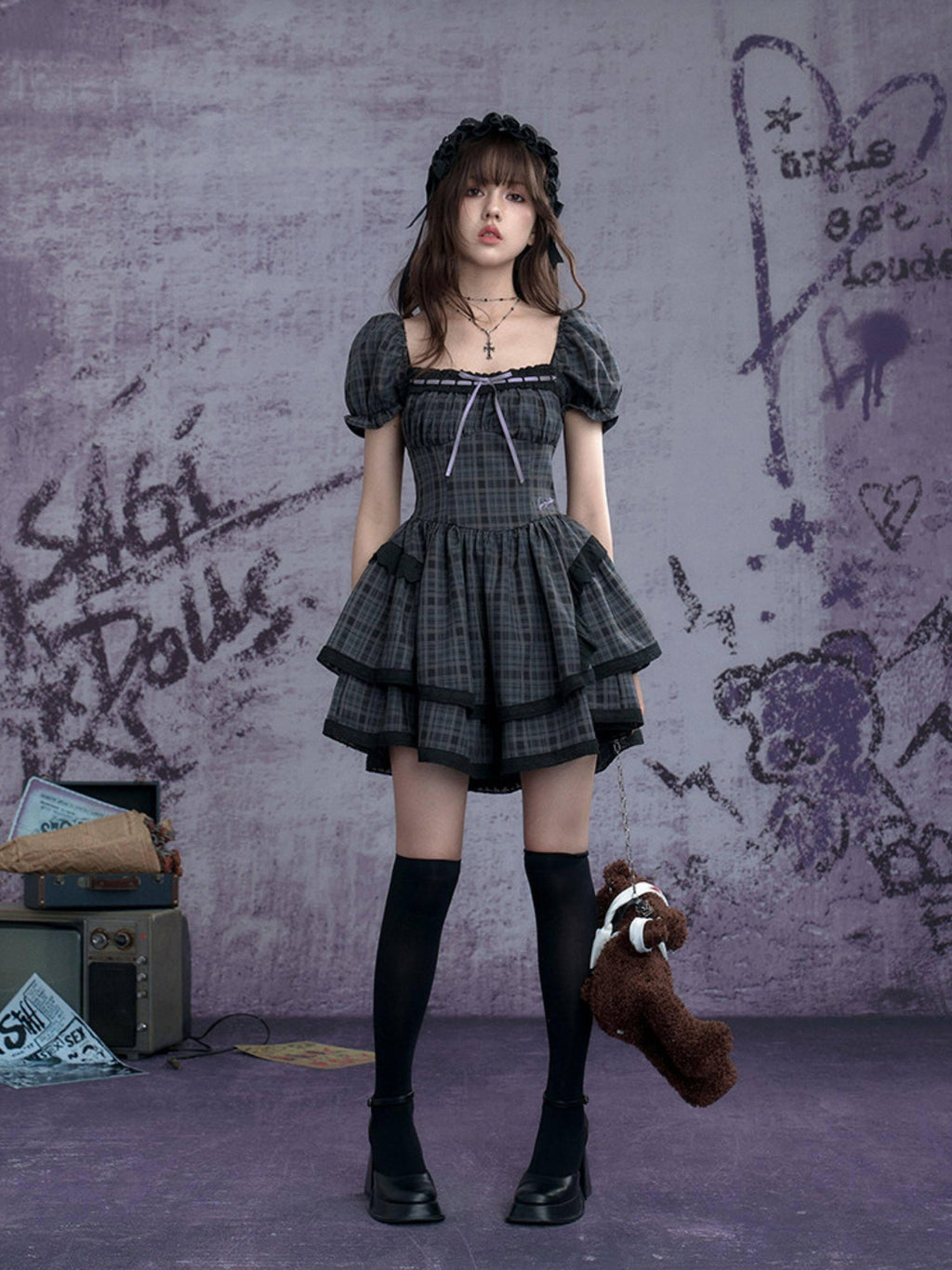 SagiDolls Plaid Puff Sleeve Square Neck High Waist Women's Polyester Corset Mini Dresses