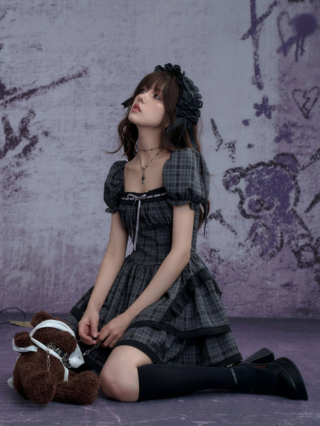 SagiDolls Plaid Puff Sleeve Square Neck High Waist Women's Polyester Corset Mini Dresses