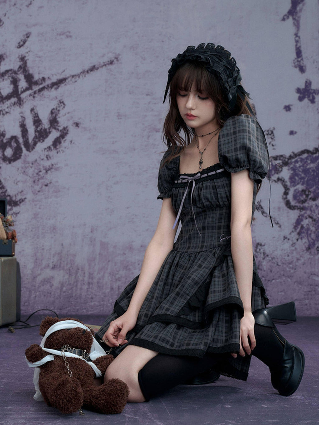 SagiDolls Plaid Puff Sleeve Square Neck High Waist Women's Polyester Corset Mini Dresses