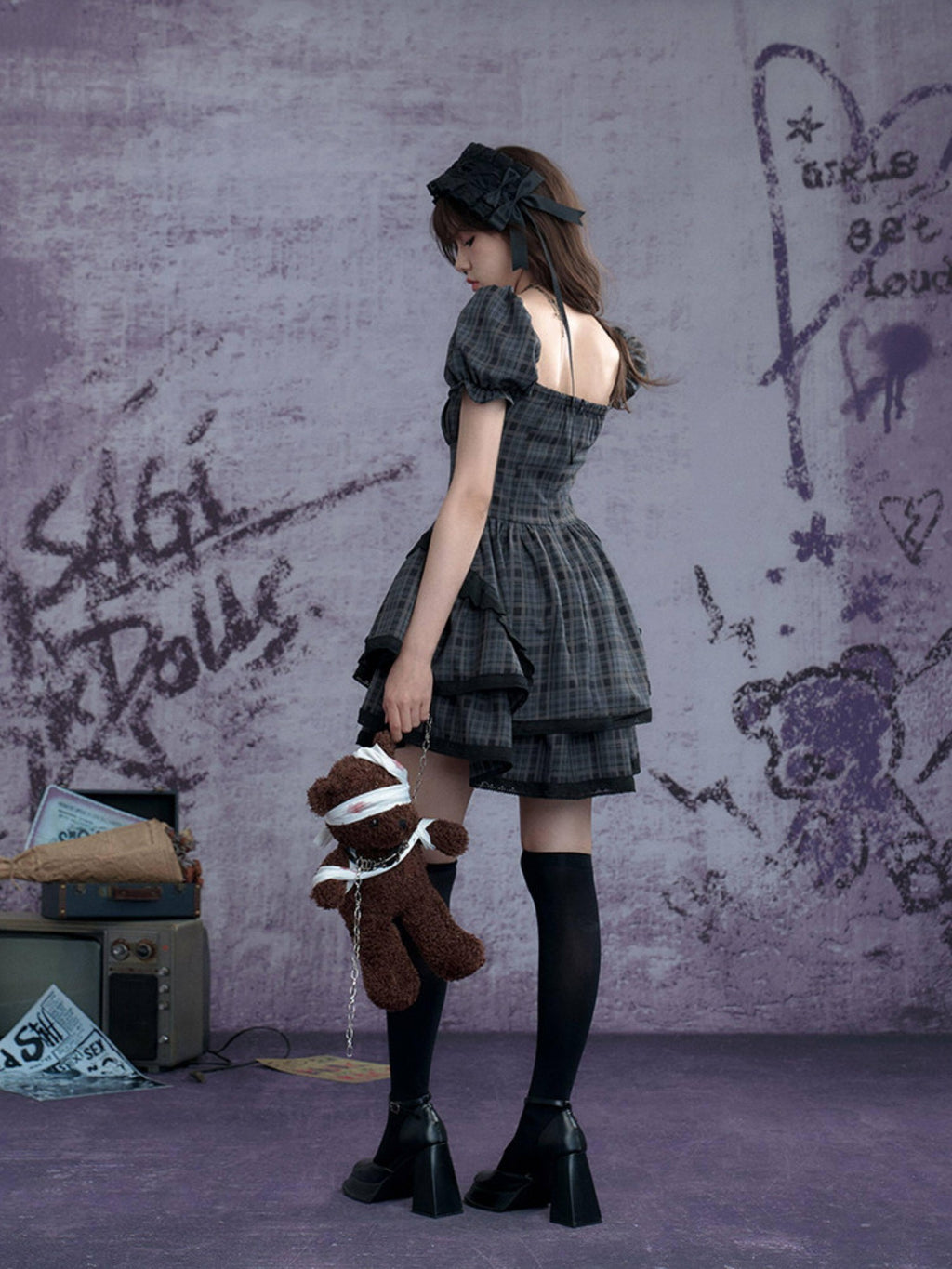 SagiDolls Plaid Puff Sleeve Square Neck High Waist Women's Polyester Corset Mini Dresses
