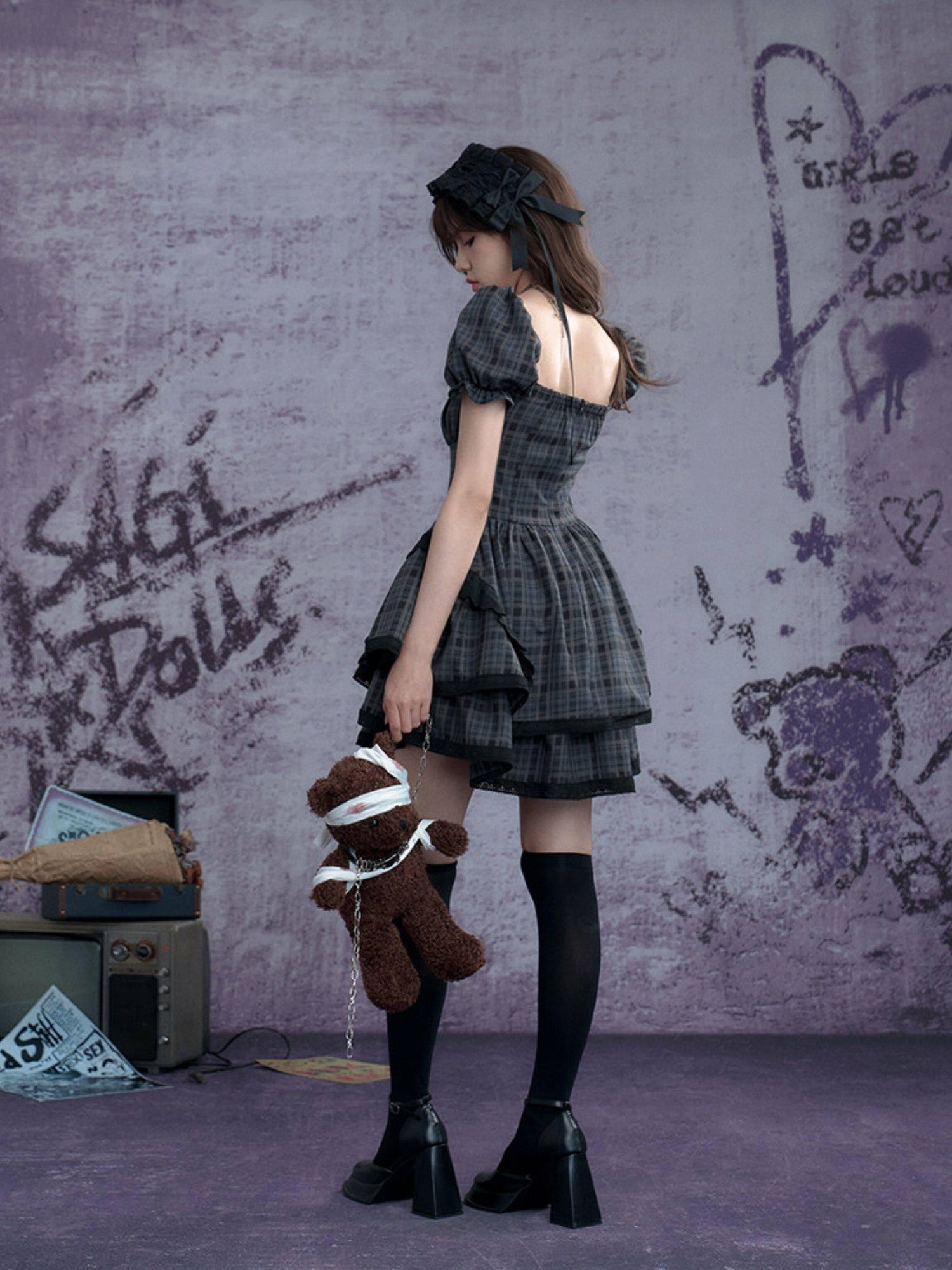 SagiDolls Plaid Puff Sleeve Square Neck High Waist Women's Polyester Corset Mini Dresses