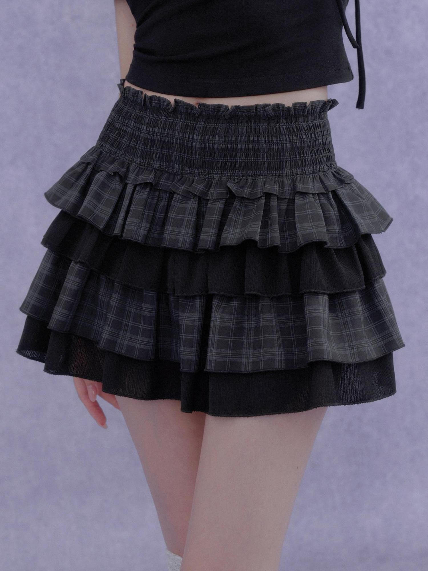 SagiDolls Plaid Ruffle A Line Elastic Waist Women's Polyester Tiered Skirts