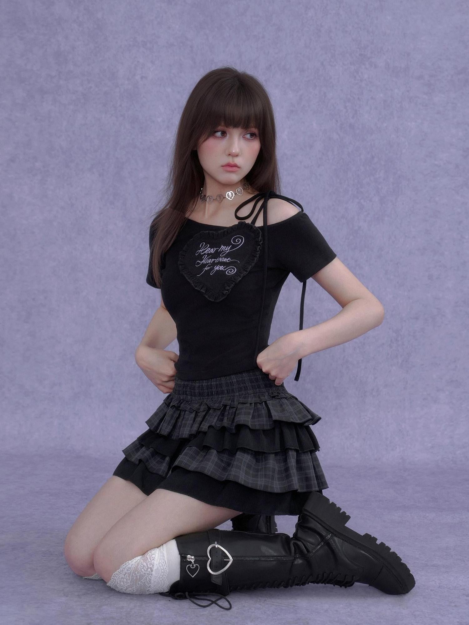 SagiDolls Plaid Ruffle A Line Elastic Waist Women's Polyester Tiered Skirts