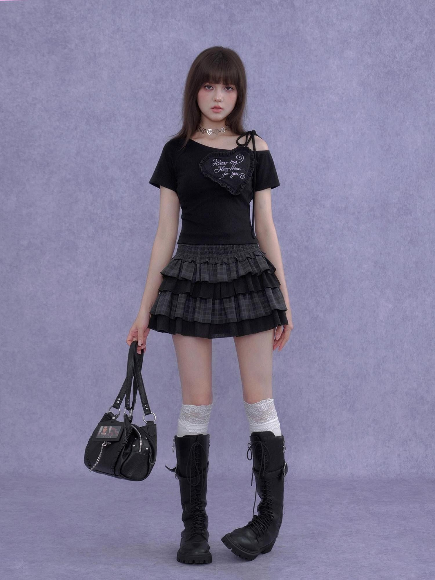SagiDolls Plaid Ruffle A Line Elastic Waist Women's Polyester Tiered Skirts