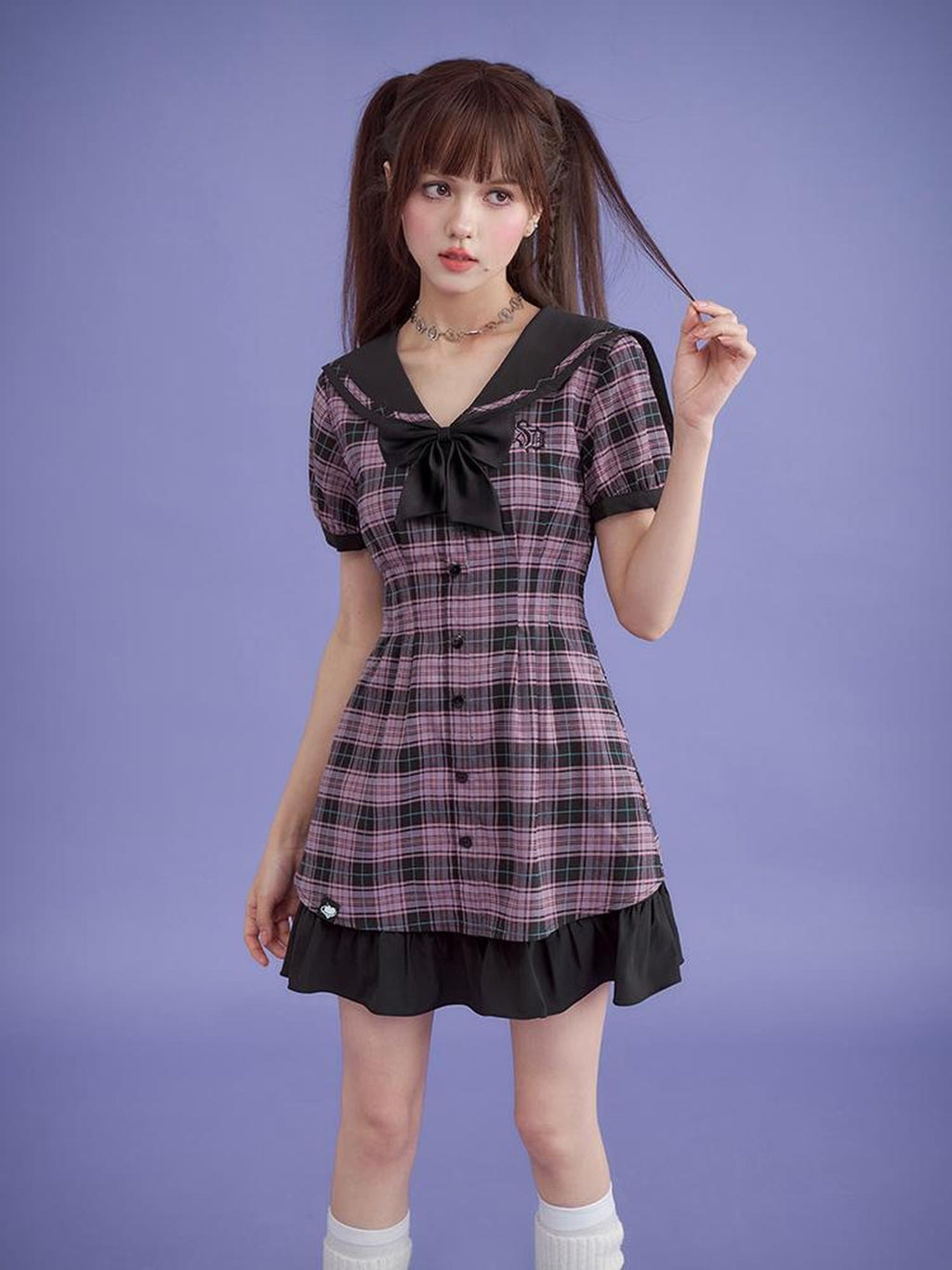 SagiDolls Plaid Sailor Collar Bow A Line High Waist Women's Cotton Casual Mini Dresses
