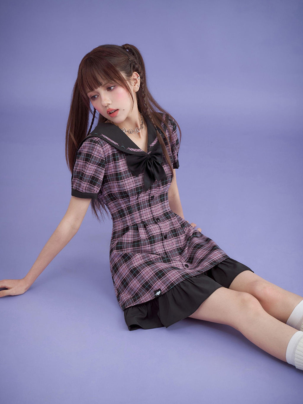 SagiDolls Plaid Sailor Collar Bow A Line High Waist Women's Cotton Casual Mini Dresses