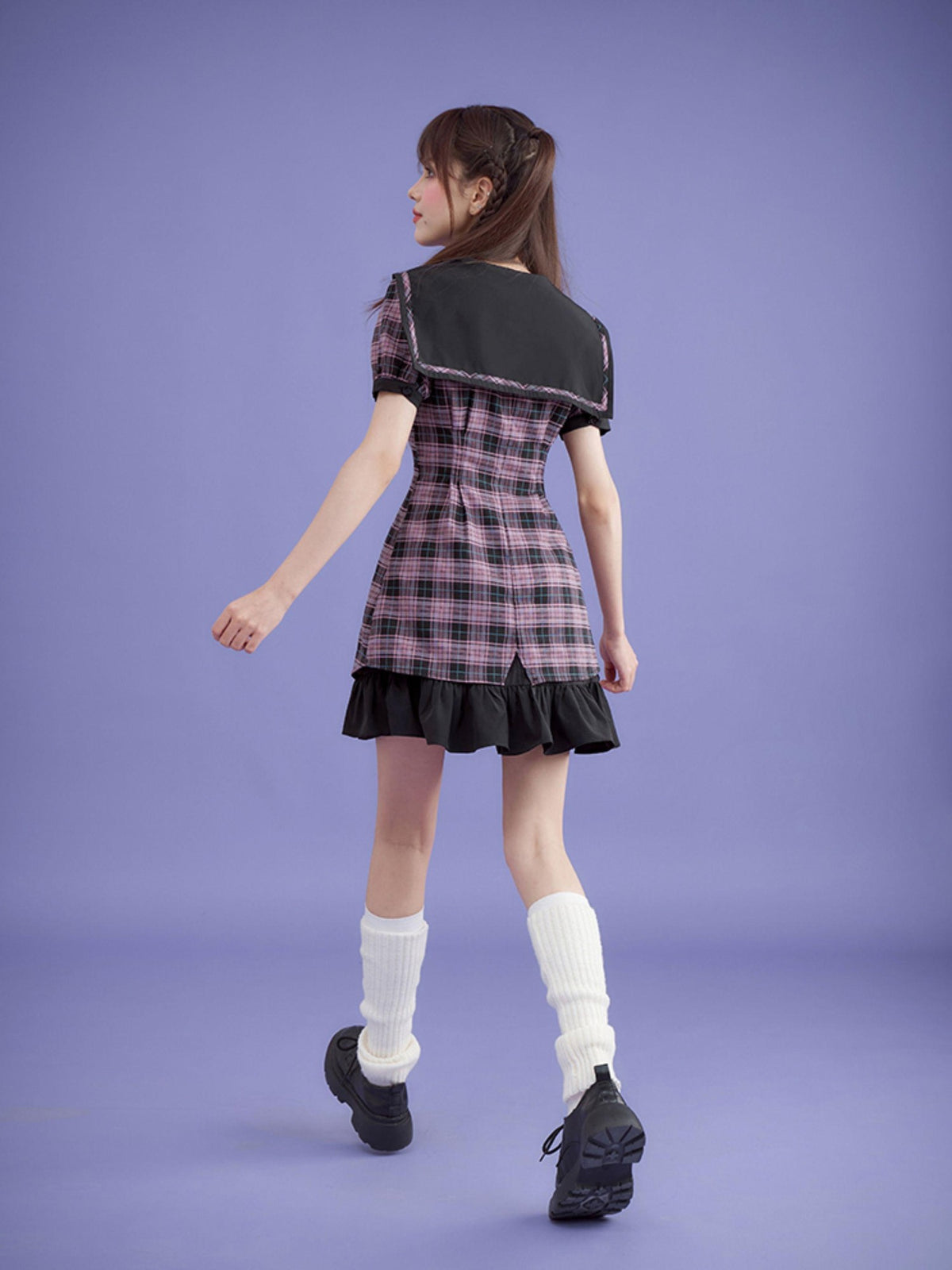 SagiDolls Plaid Sailor Collar Bow A Line High Waist Women's Cotton Casual Mini Dresses