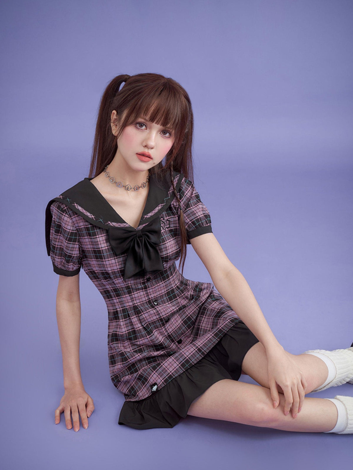 SagiDolls Plaid Sailor Collar Bow A Line High Waist Women's Cotton Casual Mini Dresses