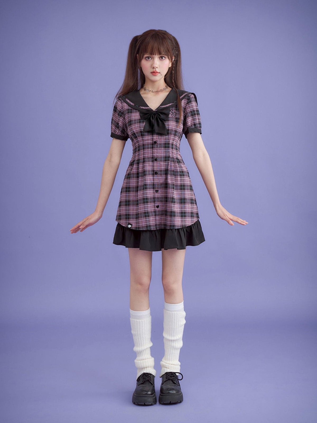 SagiDolls Plaid Sailor Collar Bow A Line High Waist Women's Cotton Casual Mini Dresses