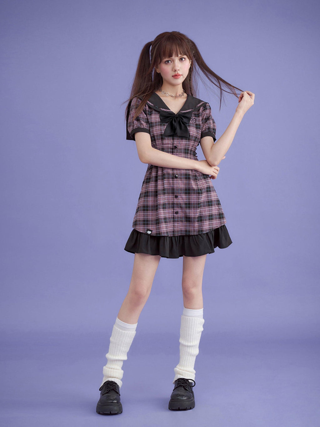 SagiDolls Plaid Sailor Collar Bow A Line High Waist Women's Cotton Casual Mini Dresses