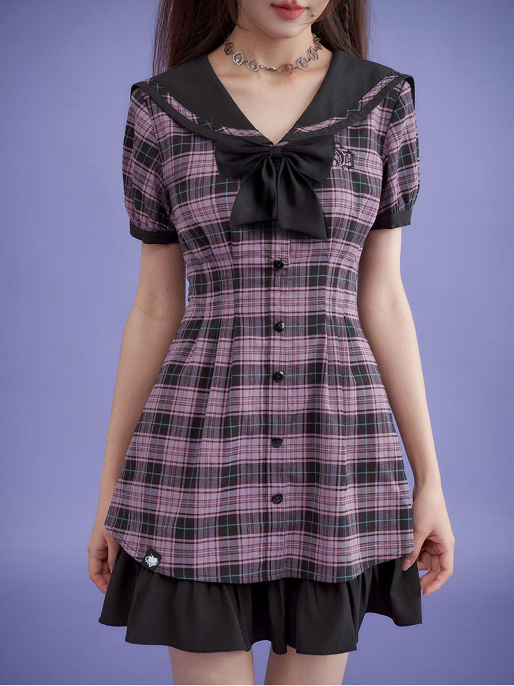 SagiDolls Plaid Sailor Collar Bow A Line High Waist Women's Cotton Casual Mini Dresses