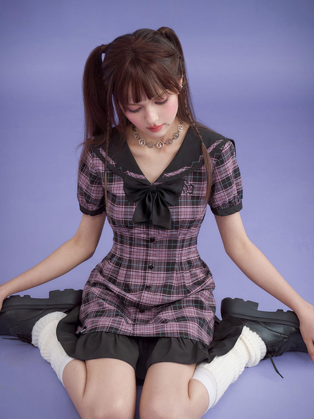 SagiDolls Plaid Sailor Collar Bow A Line High Waist Women's Cotton Casual Mini Dresses