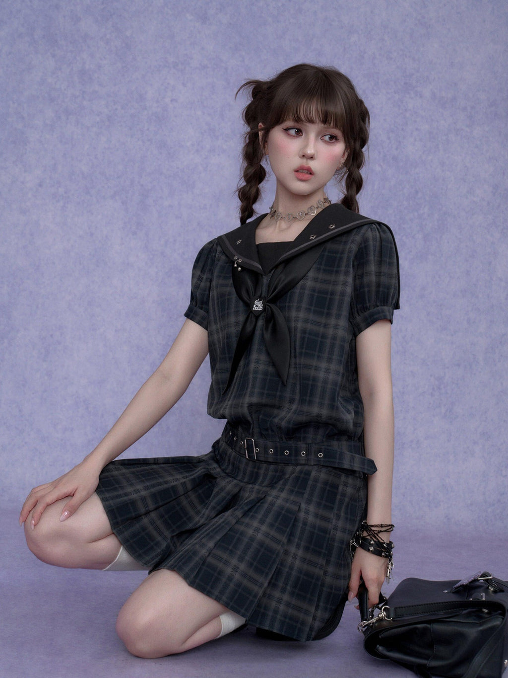 SagiDolls Plaid Sailor Collar Puff Sleeve Women's Polyester Textured Casual Mini Dresses