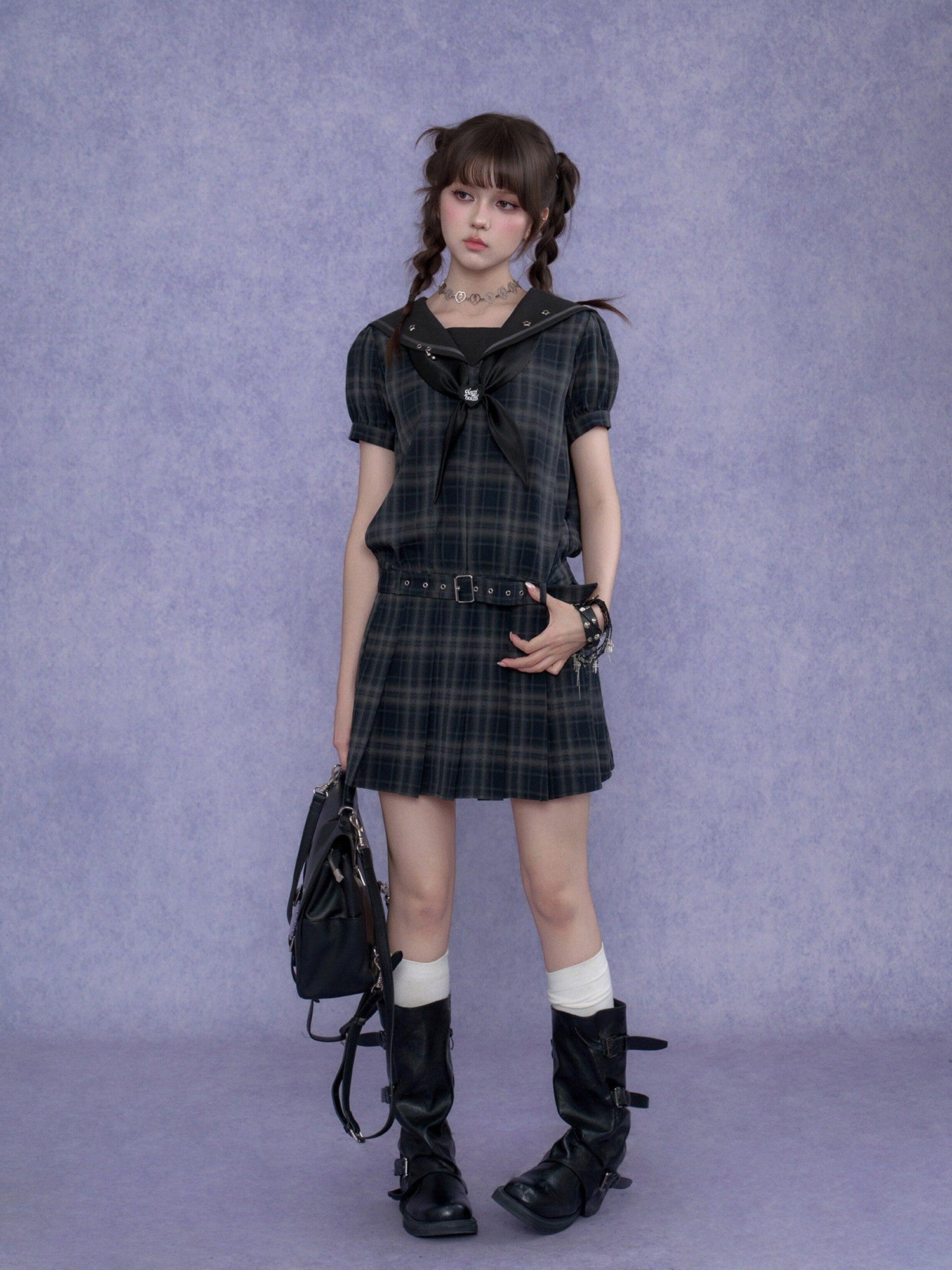 SagiDolls Plaid Sailor Collar Puff Sleeve Women's Polyester Textured Casual Mini Dresses