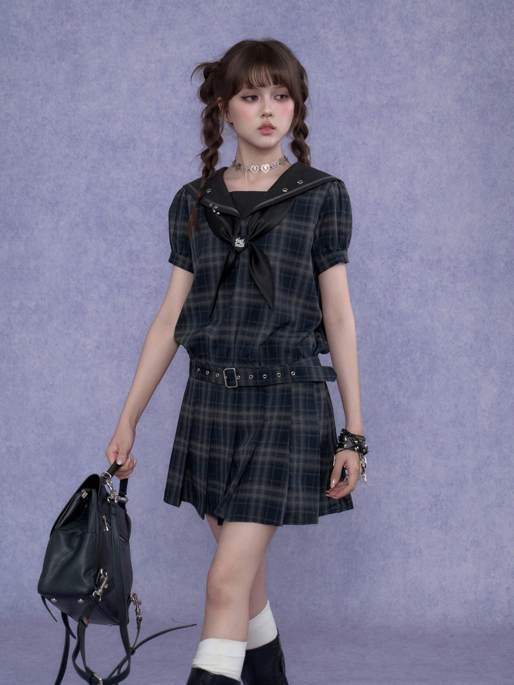 SagiDolls Plaid Sailor Collar Puff Sleeve Women's Polyester Textured Casual Mini Dresses