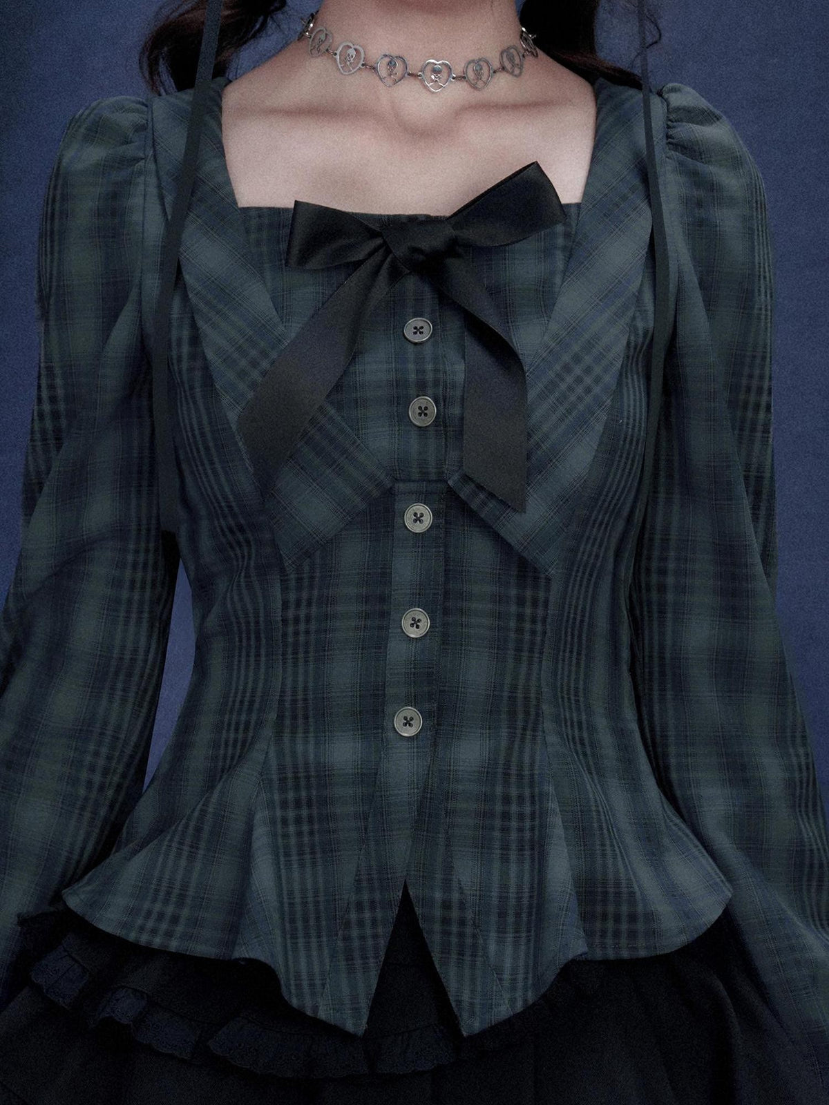 SagiDolls Plaid Square Neck Long Sleeve Bow Slim Fit Women's Polyester Blouses