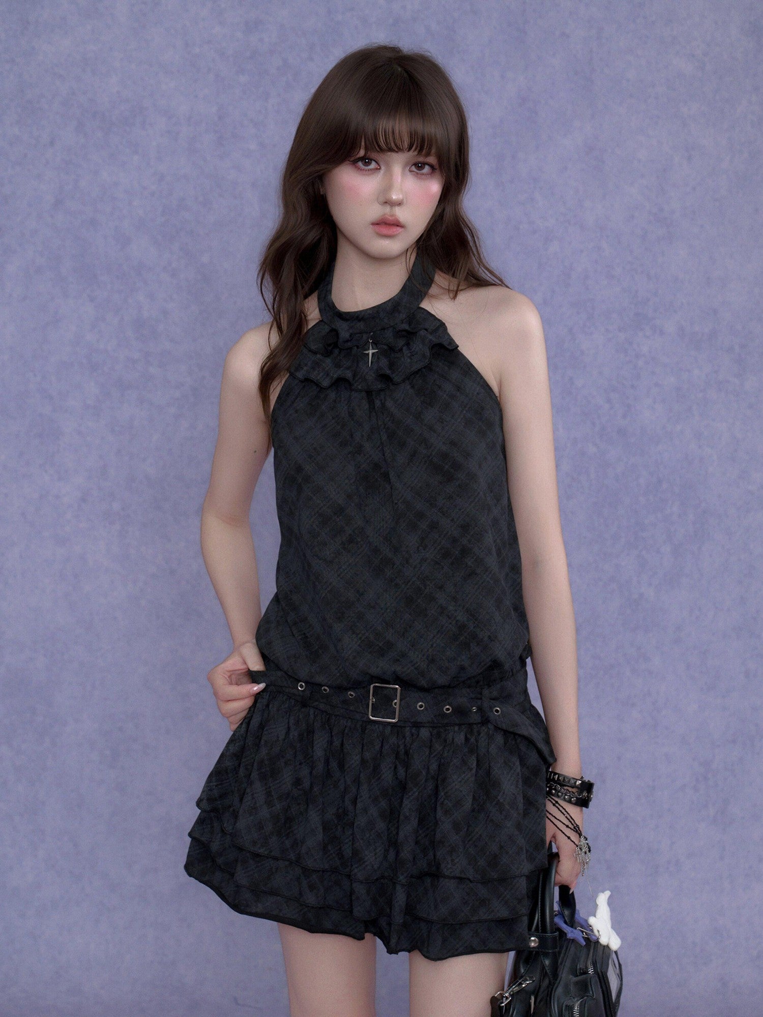 SagiDolls Plaid Tiered Backless Women's Cotton Blend Halter Mini Dresses