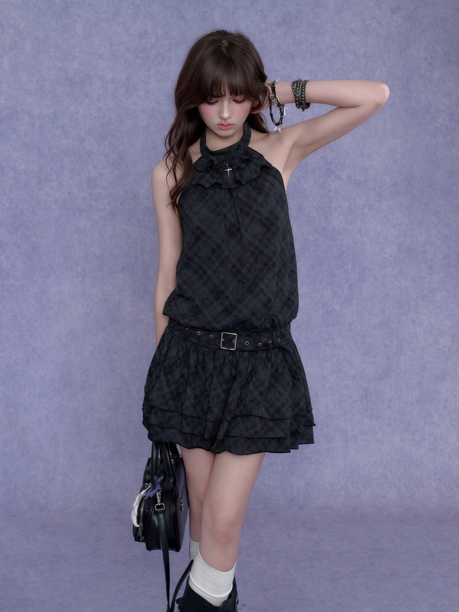 SagiDolls Plaid Tiered Backless Women's Cotton Blend Halter Mini Dresses