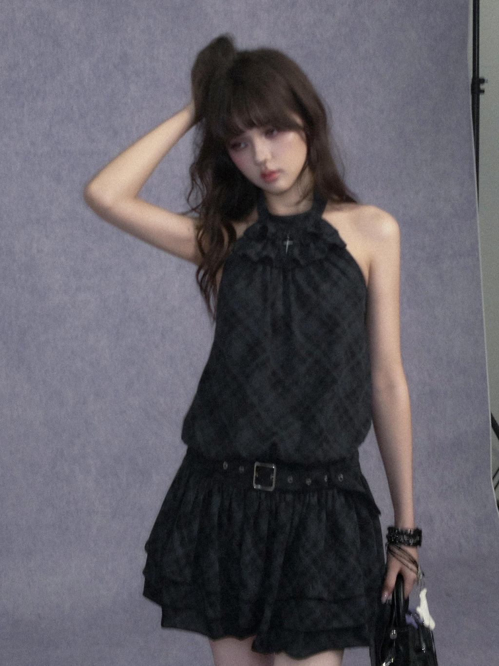 SagiDolls Plaid Tiered Backless Women's Cotton Blend Halter Mini Dresses