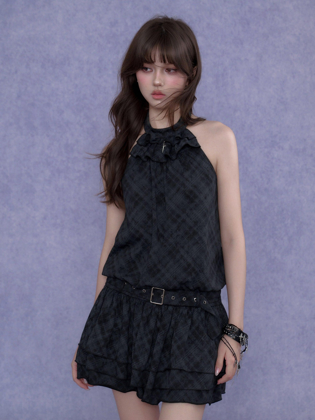 SagiDolls Plaid Tiered Backless Women's Cotton Blend Halter Mini Dresses