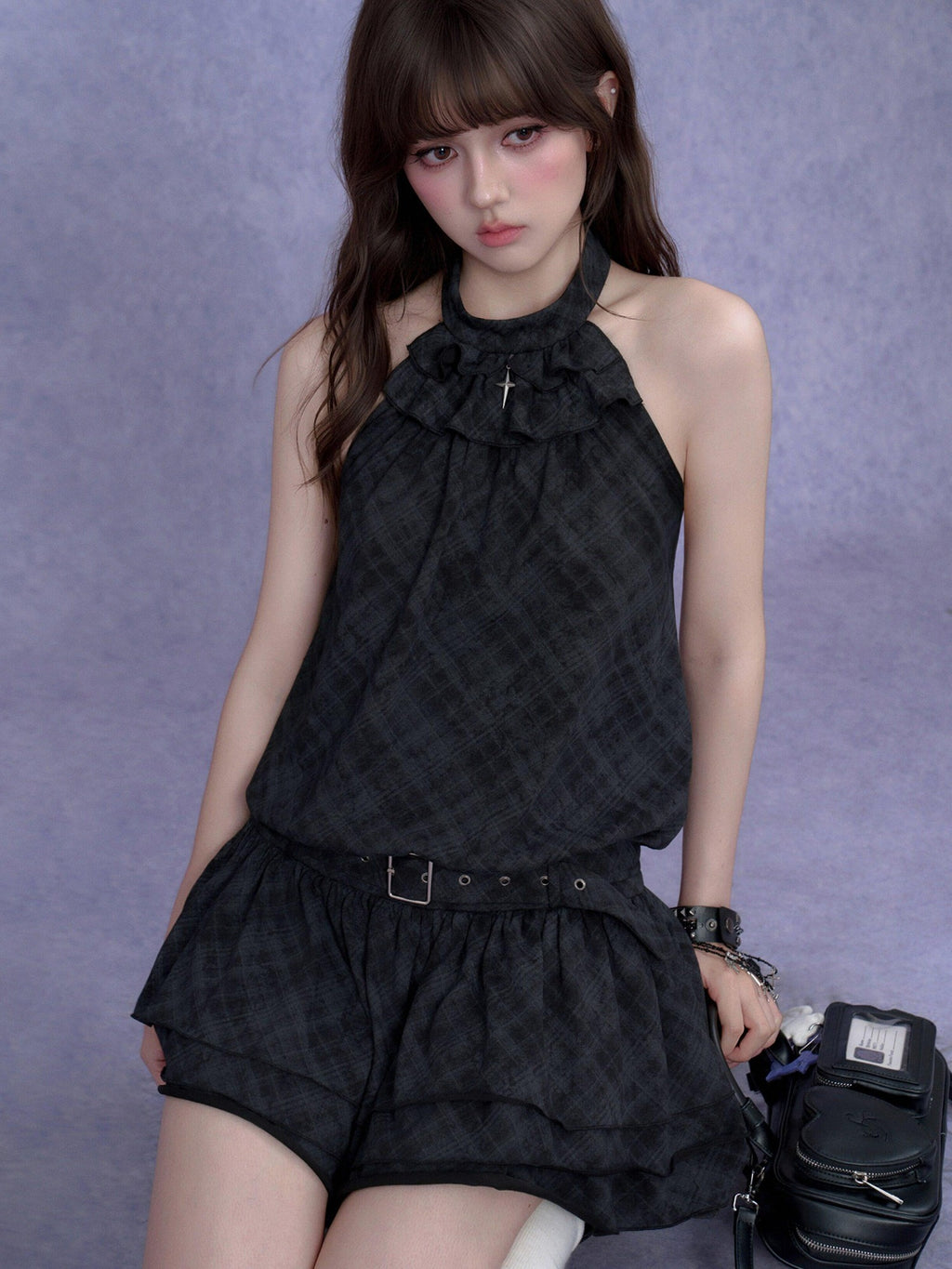 SagiDolls Plaid Tiered Backless Women's Cotton Blend Halter Mini Dresses
