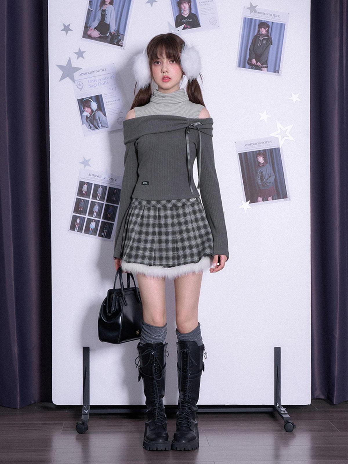 SagiDolls Pleated Embroidered Plush Plaid Sweet Women's Polyester Mini Skirts