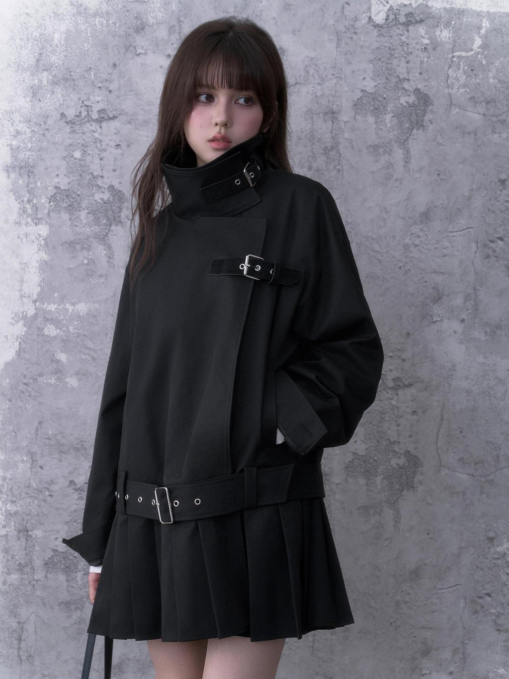 SagiDolls Pleated High Neck Metal Detail Loose Women's Polyester Trench Coats
