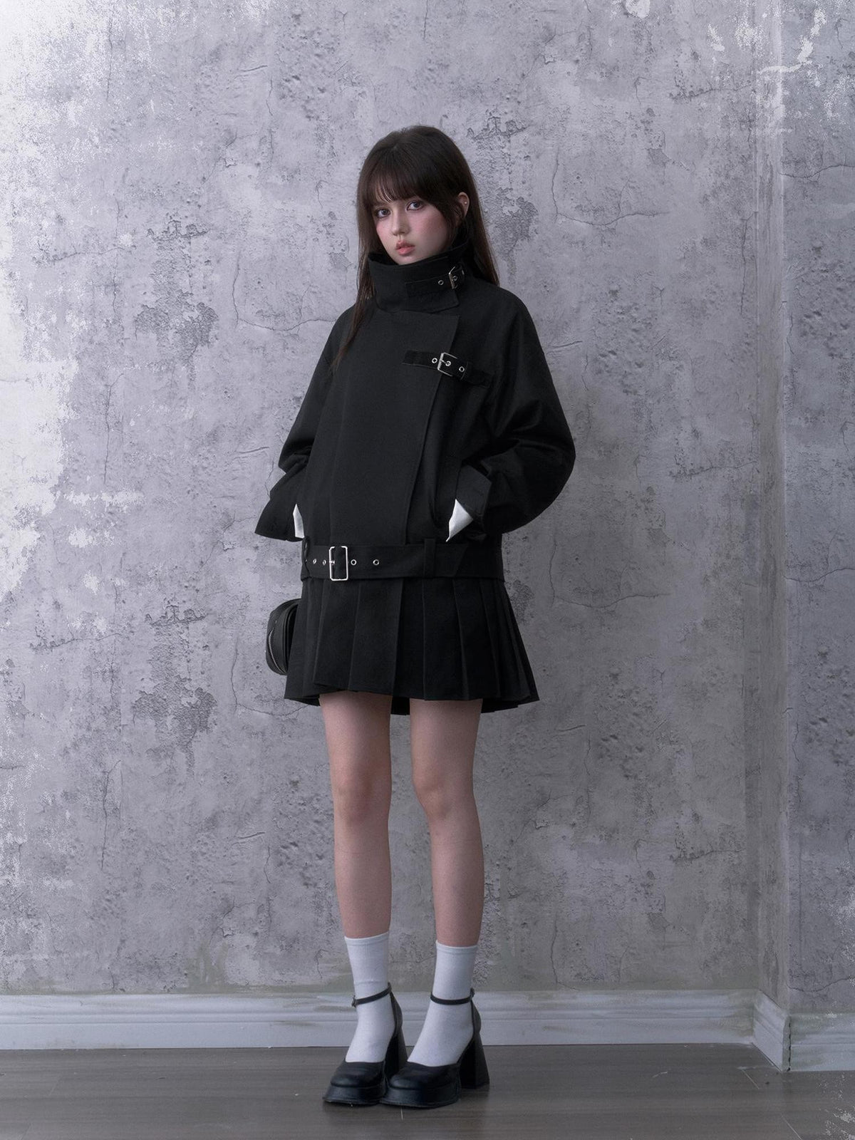 SagiDolls Pleated High Neck Metal Detail Loose Women's Polyester Trench Coats