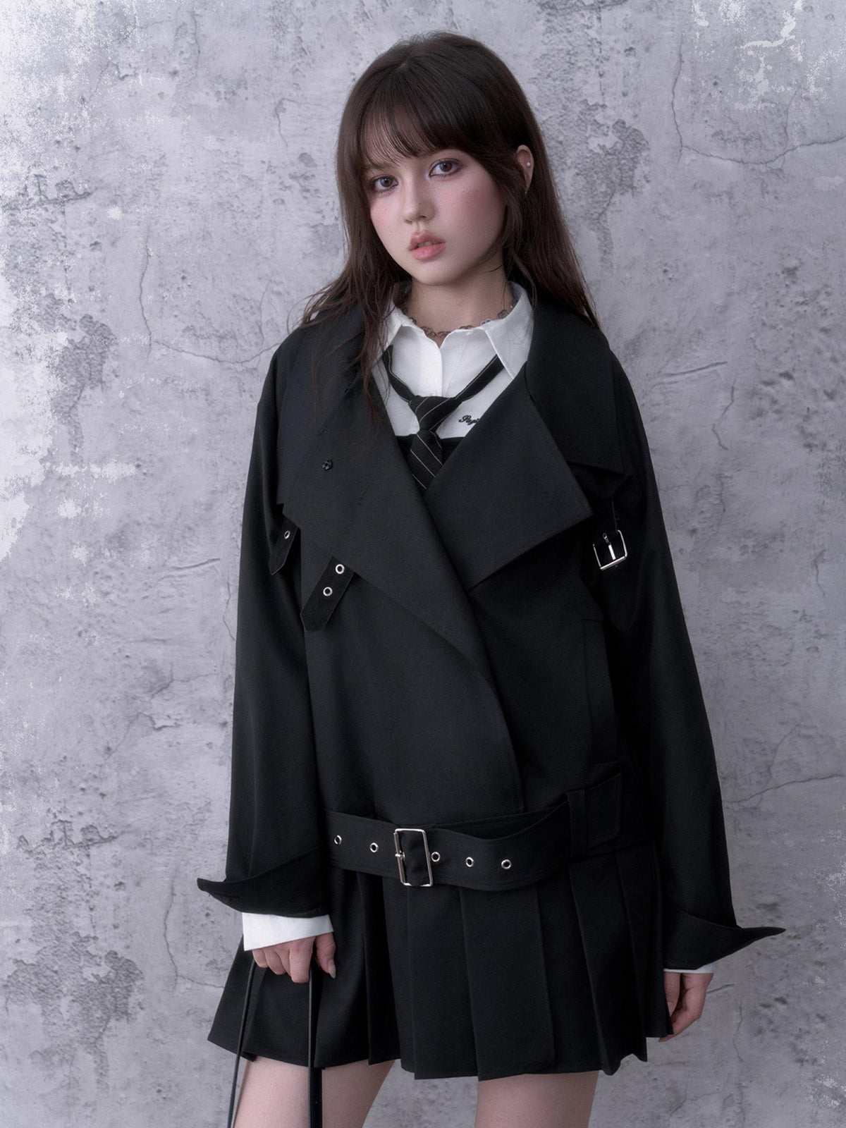 SagiDolls Pleated High Neck Metal Detail Loose Women's Polyester Trench Coats