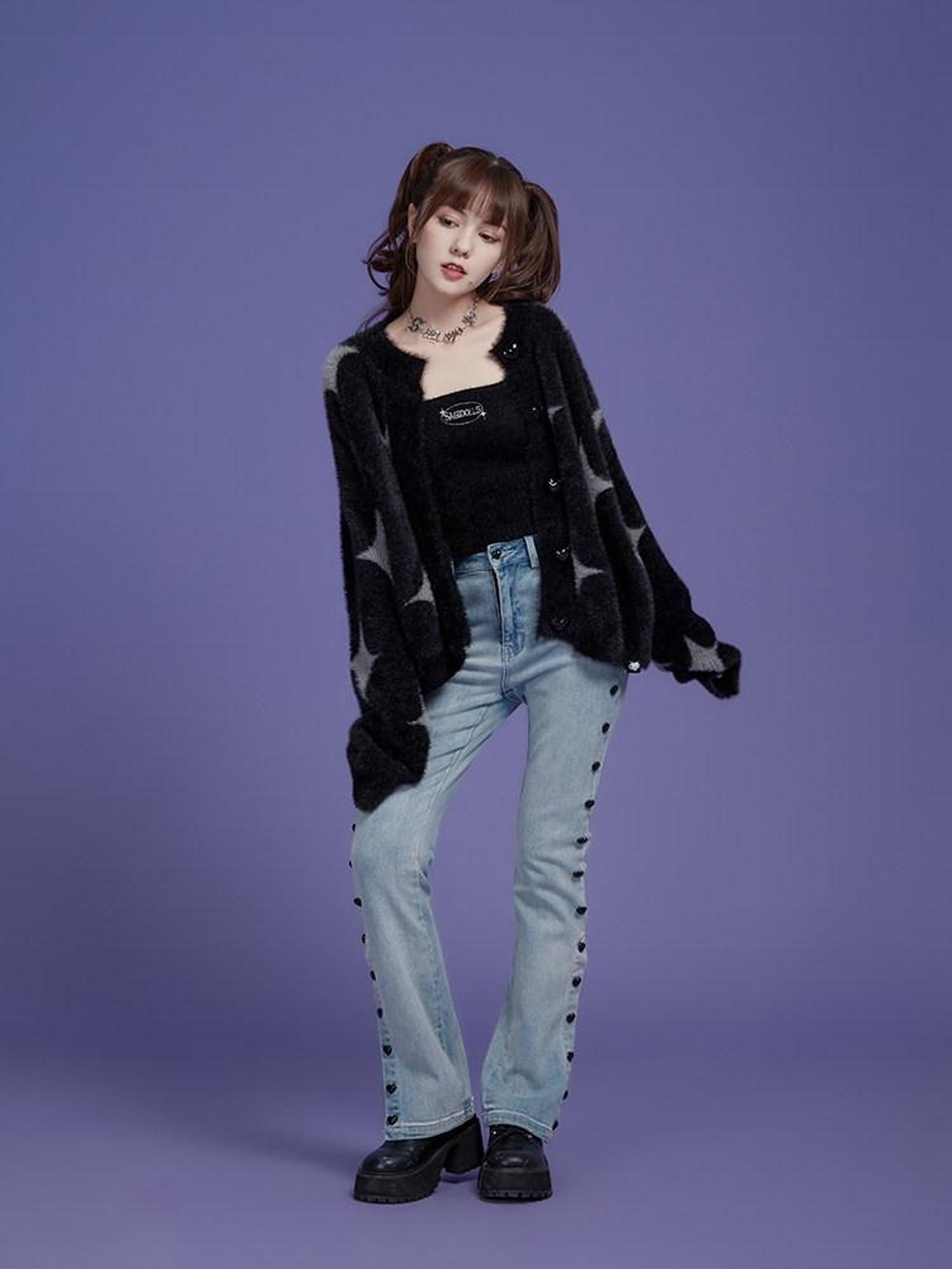SagiDolls Plush Embroidered Star Jacquard Button Cardigan Women's Faux Mink Camisoles