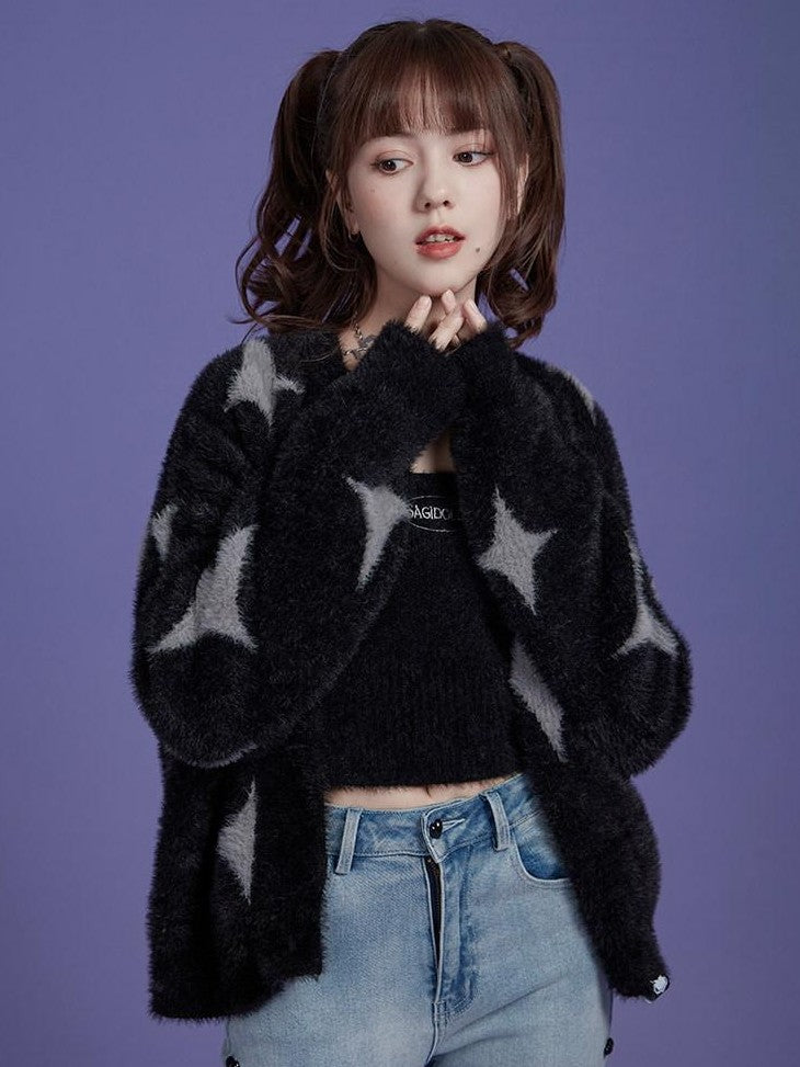SagiDolls Plush Embroidered Star Jacquard Button Cardigan Women's Faux Mink Camisoles