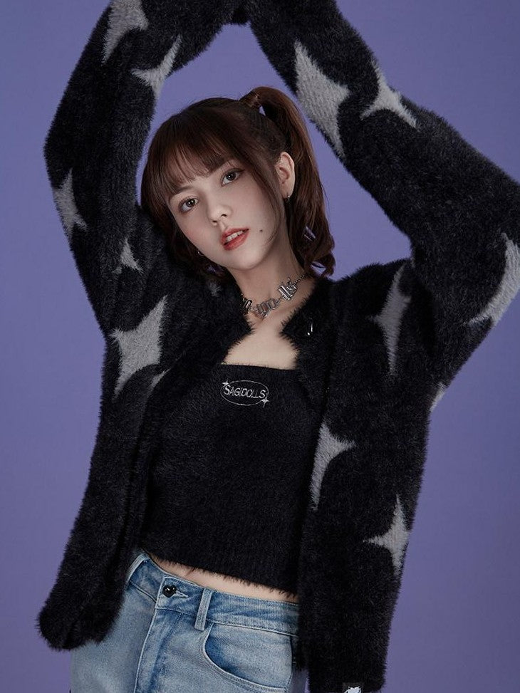 SagiDolls Plush Embroidered Star Jacquard Button Cardigan Women's Faux Mink Camisoles