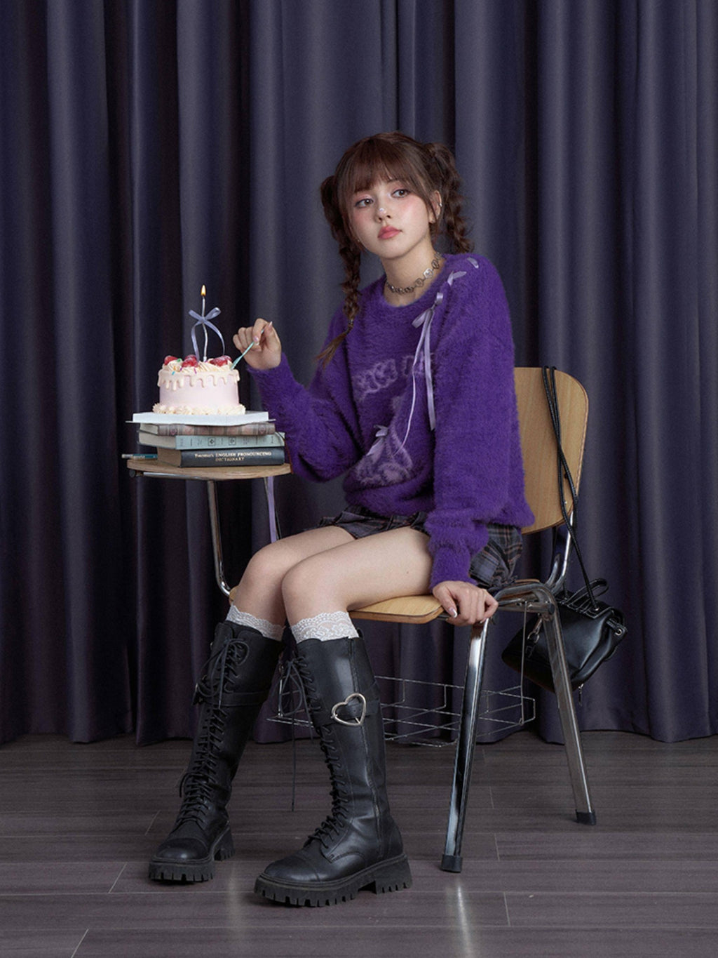 SagiDolls Plush Purple Teddy Bear Ribbon Bow Loose Women's Nylon Sweaters