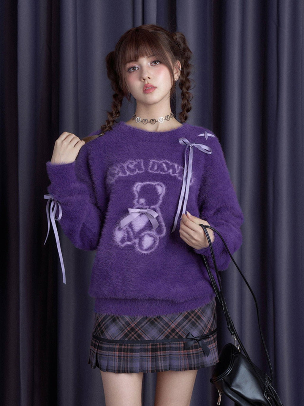 SagiDolls Plush Purple Teddy Bear Ribbon Bow Loose Women's Nylon Sweaters