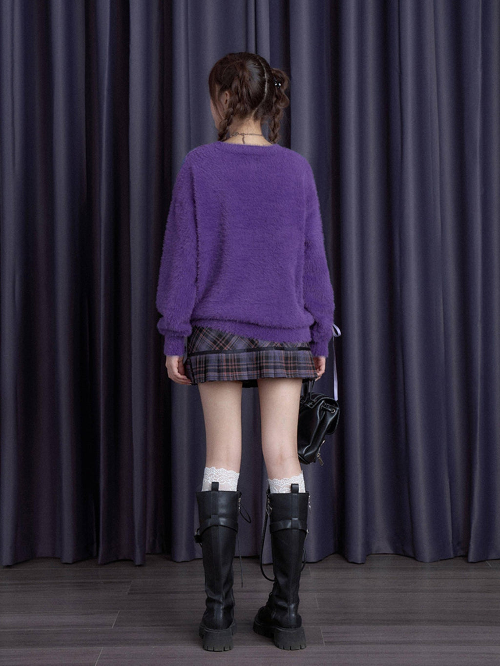 SagiDolls Plush Purple Teddy Bear Ribbon Bow Loose Women's Nylon Sweaters