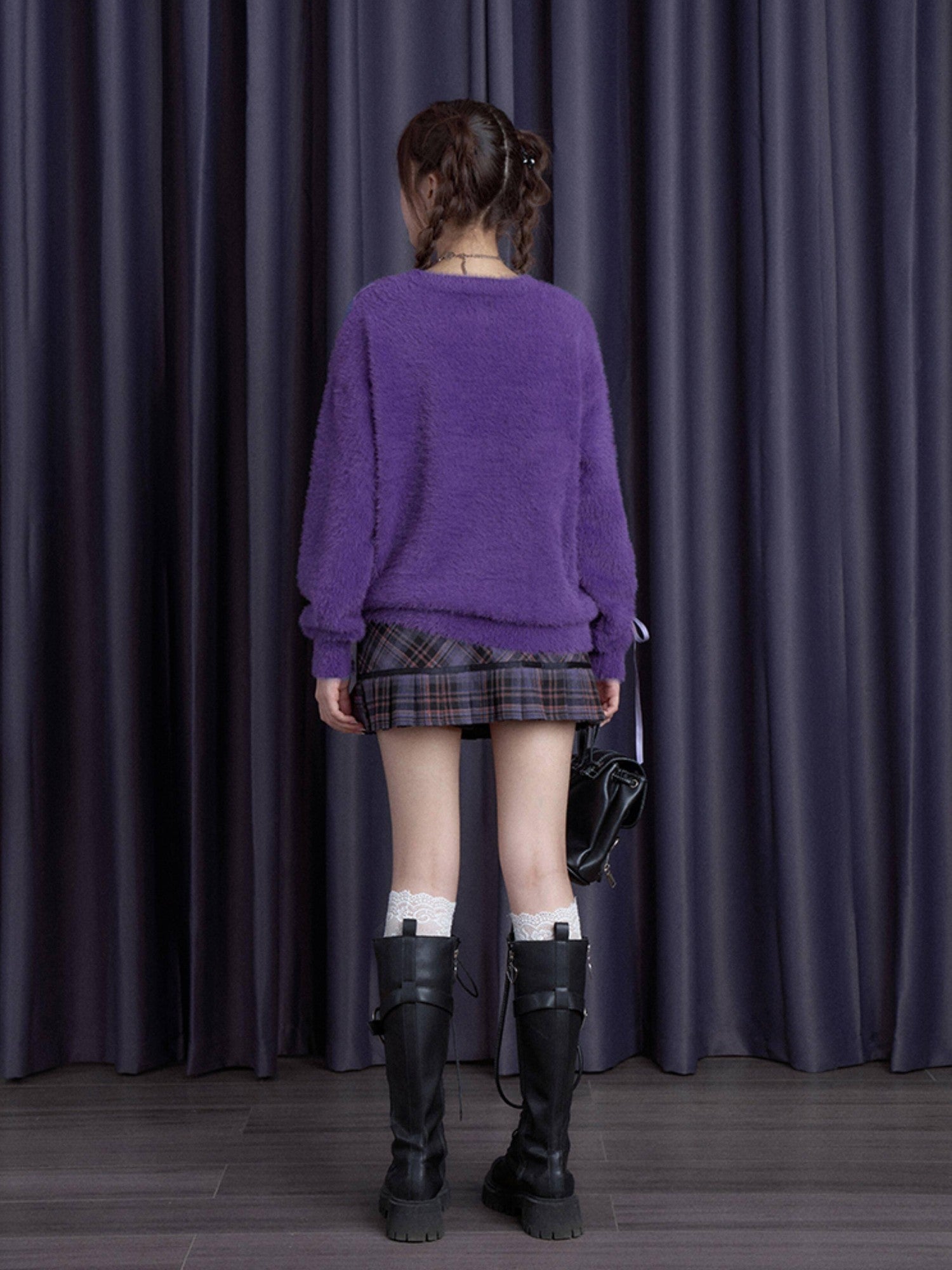 SagiDolls Plush Purple Teddy Bear Ribbon Bow Loose Women's Nylon Sweaters