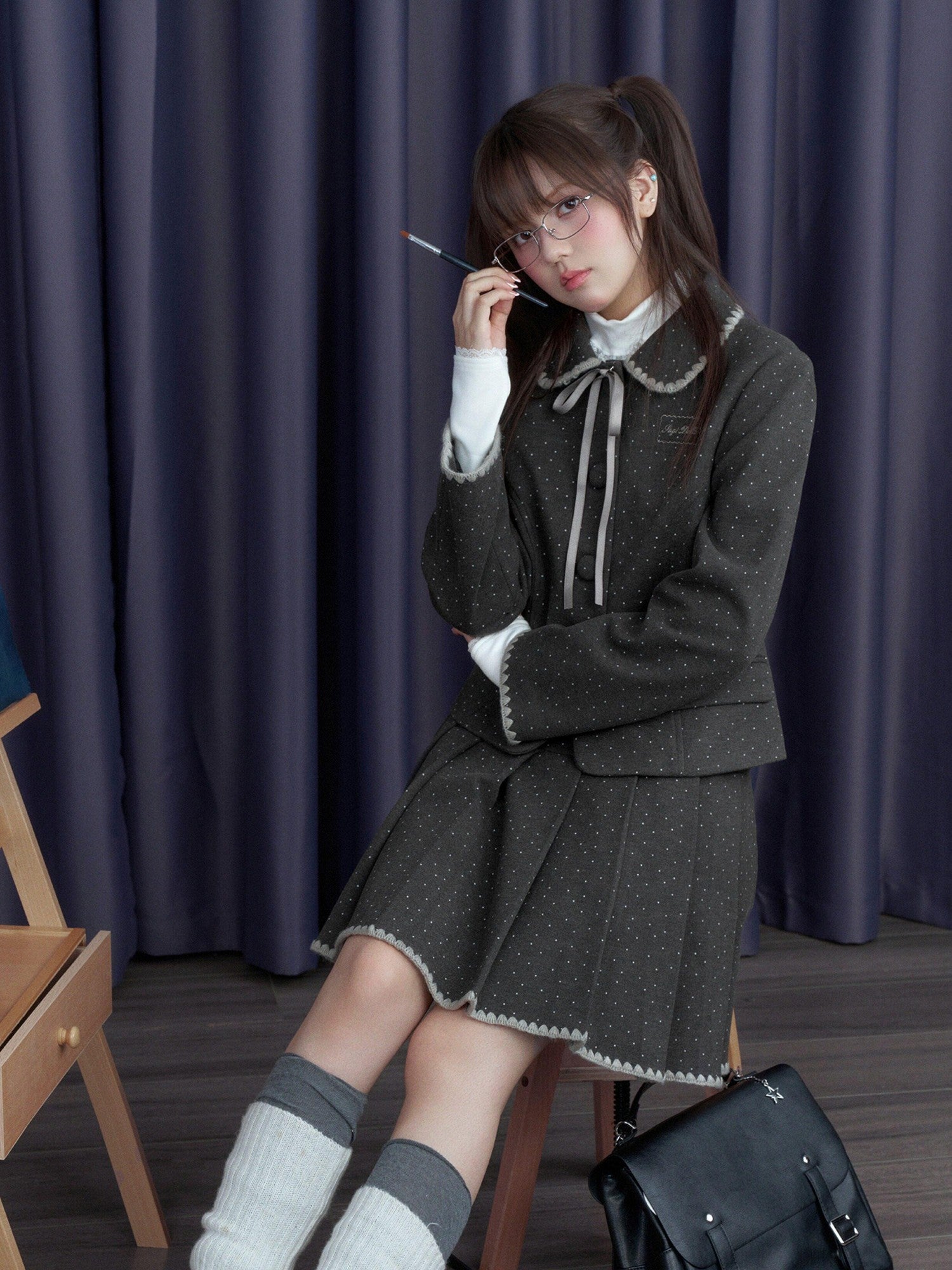 SagiDolls Polka Dot Tweed Embroidered Blazer Women's Matching Skirt Sets