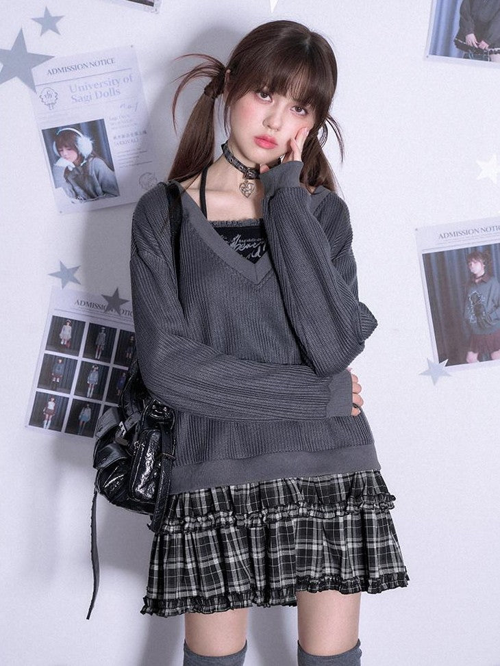 SagiDolls Preppy Faux Two Piece Halter Spliced Tiered Women's Poly Casual Mini Dresses