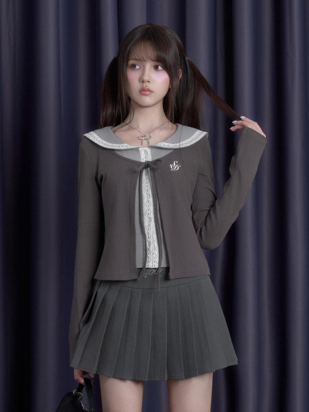 SagiDolls Preppy Lace Sailor Collar Faux Two Piece Cinched Waist Women's Cotton Long Sleeve T-shirts