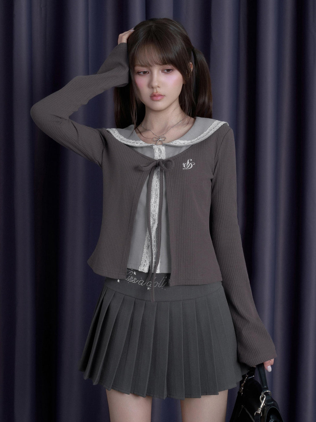 SagiDolls Preppy Lace Sailor Collar Faux Two Piece Cinched Waist Women's Cotton Long Sleeve T-shirts