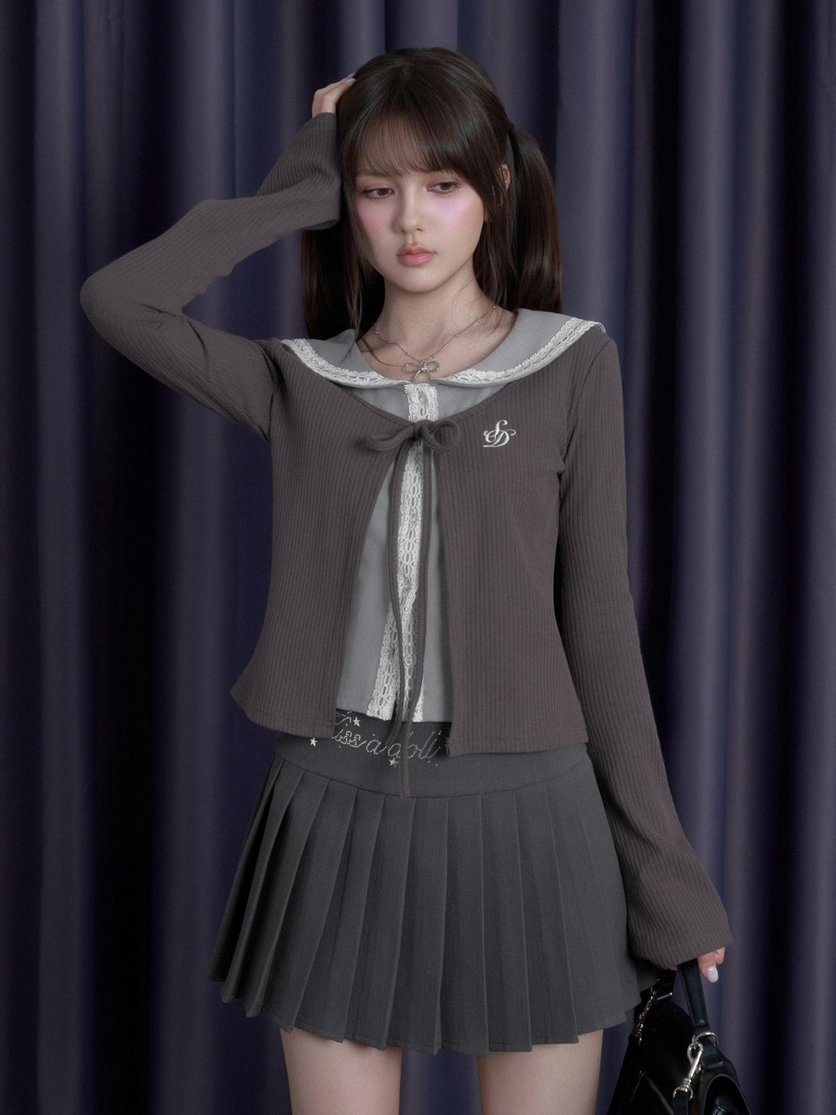 SagiDolls Preppy Lace Sailor Collar Faux Two Piece Cinched Waist Women's Cotton Long Sleeve T-shirts