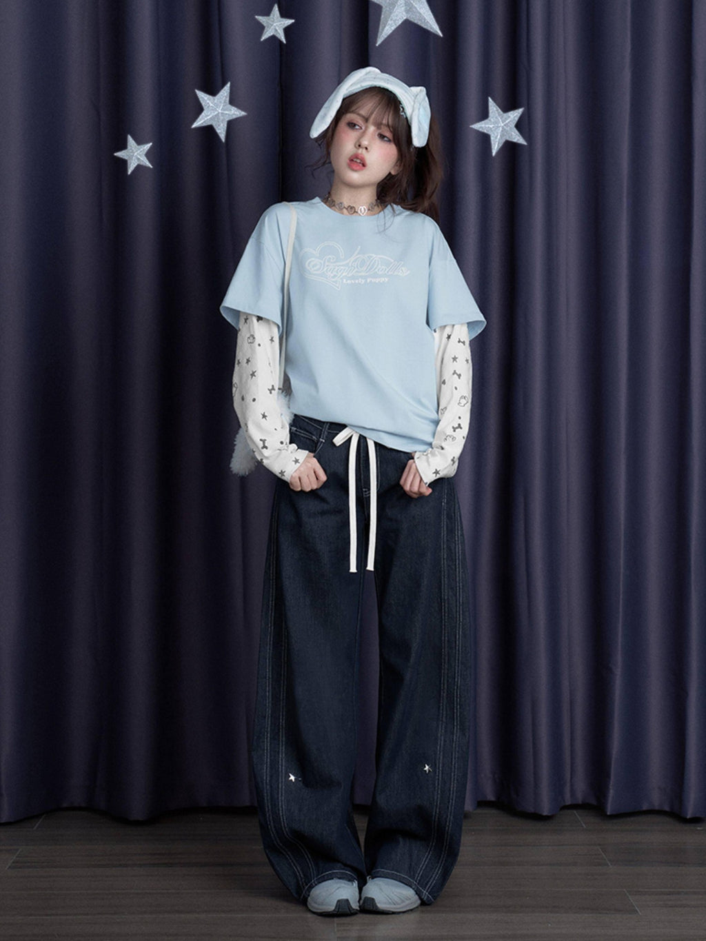 SagiDolls Puppy Party Print Heart Text Blue White Patch Women's Long Sleeve T-shirts