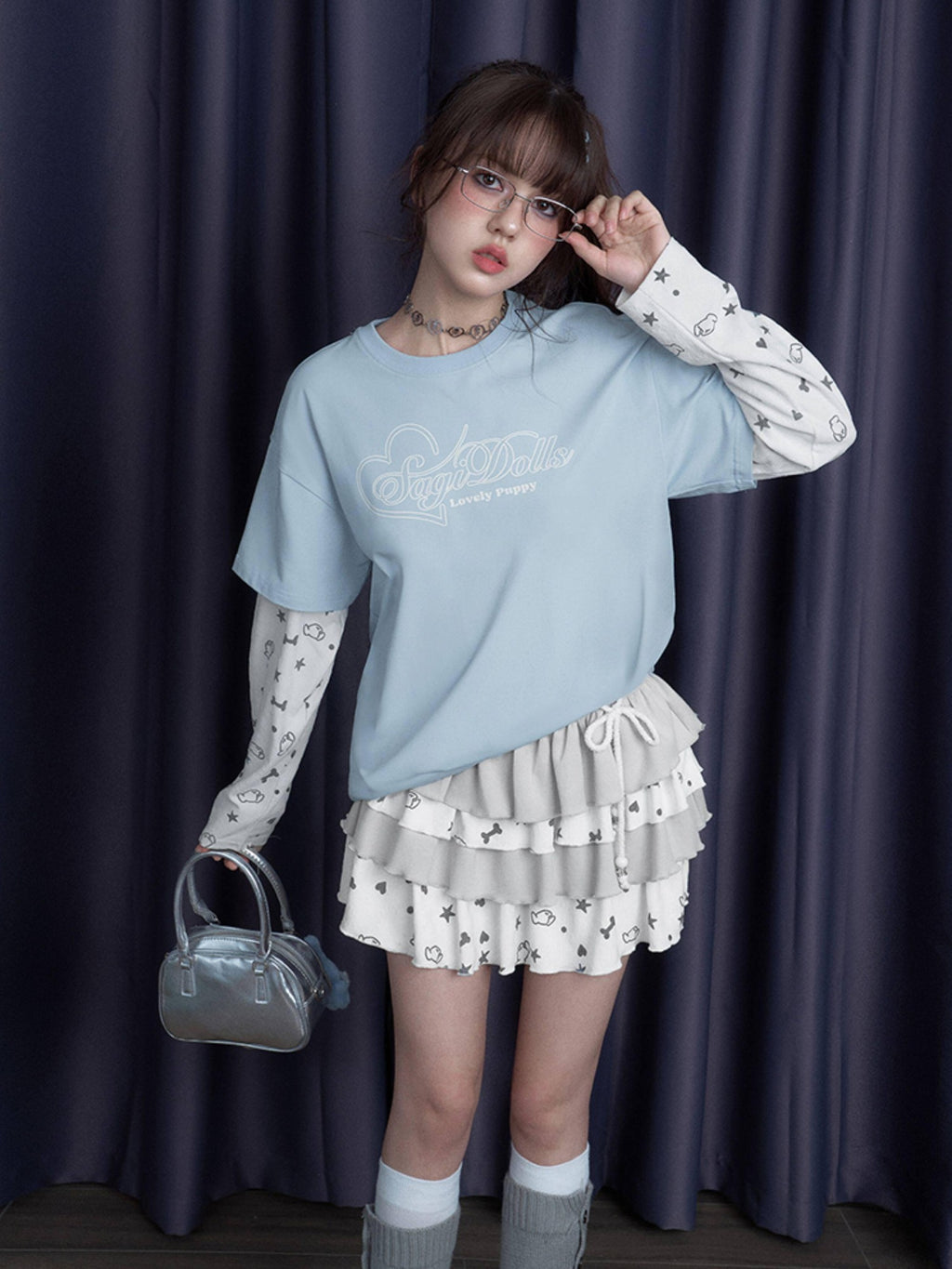 SagiDolls Puppy Party Print Heart Text Blue White Patch Women's Long Sleeve T-shirts