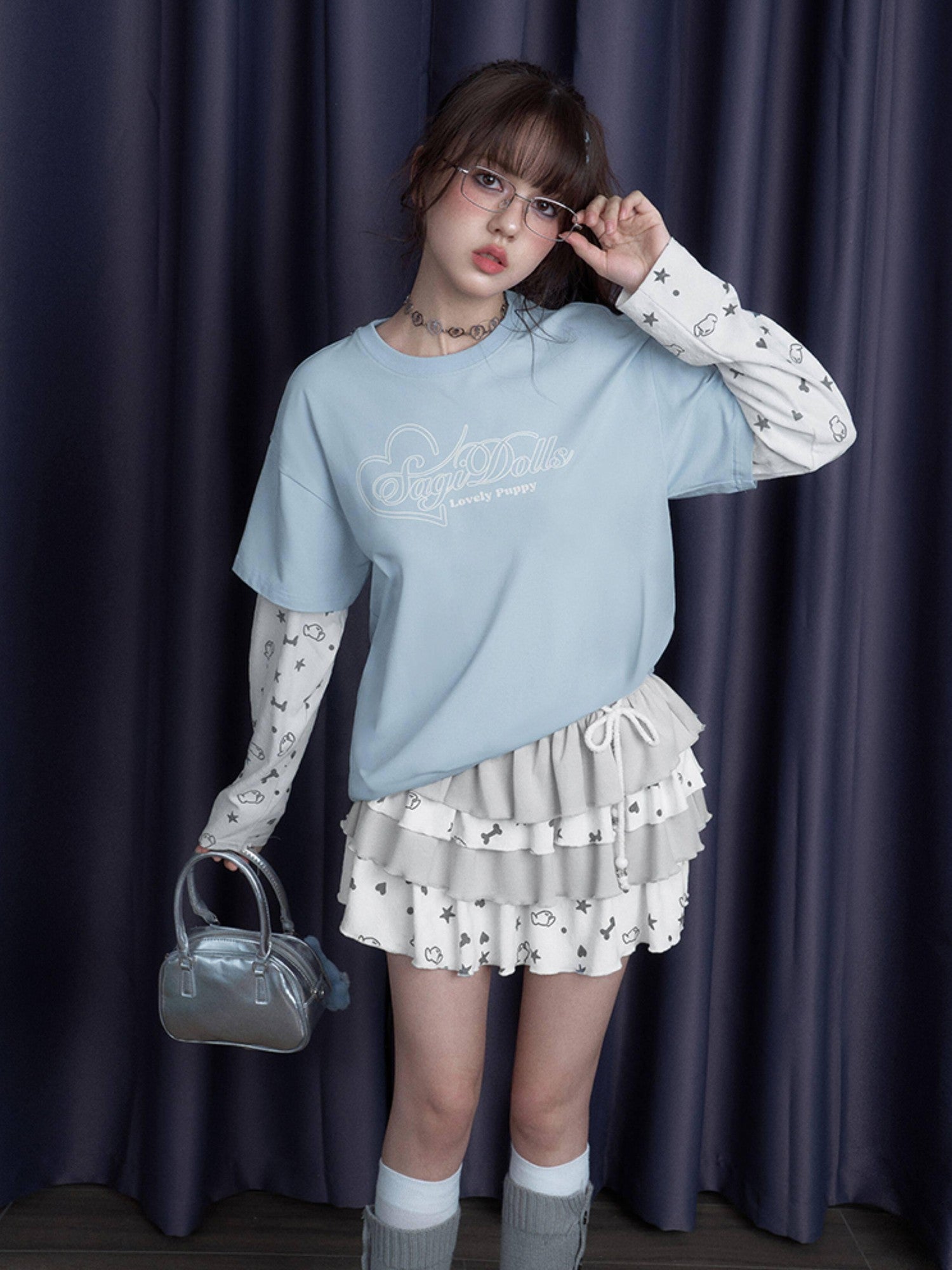 SagiDolls Puppy Party Print Heart Text Blue White Patch Women's Long Sleeve T-shirts